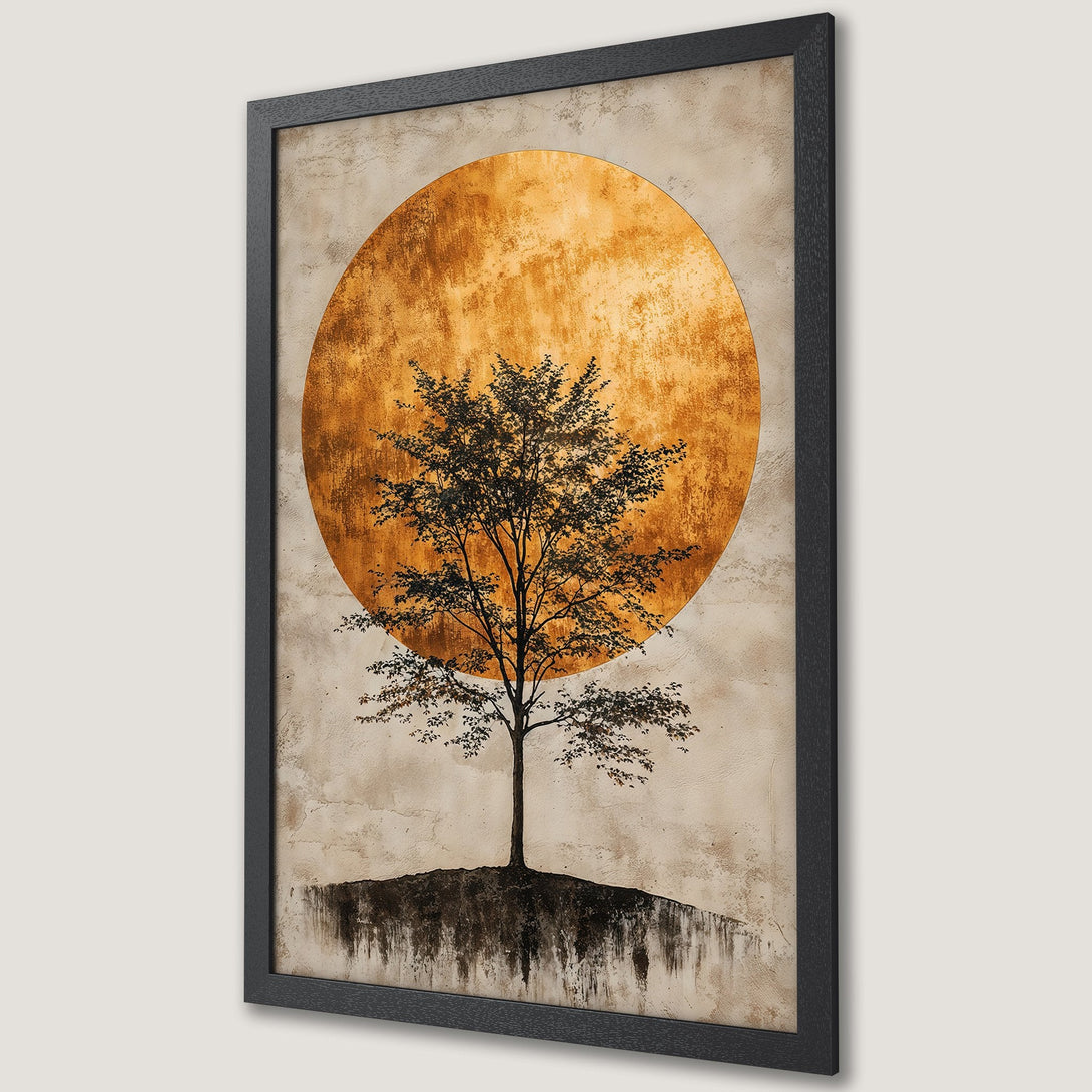 Framed Poster featuring a tree silhouette against a golden sun. Modern art print with a neutral, warm color palette for stylish wall decor.