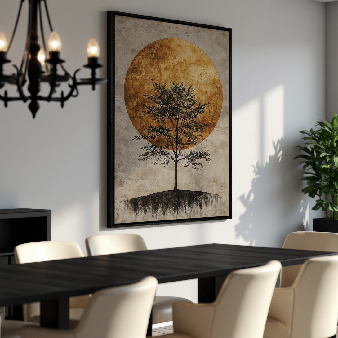 Framed Wall Art: Abstract tree silhouette against a golden sun. Earthy tones of brown, beige, and black. Perfect for modern dining room decor.