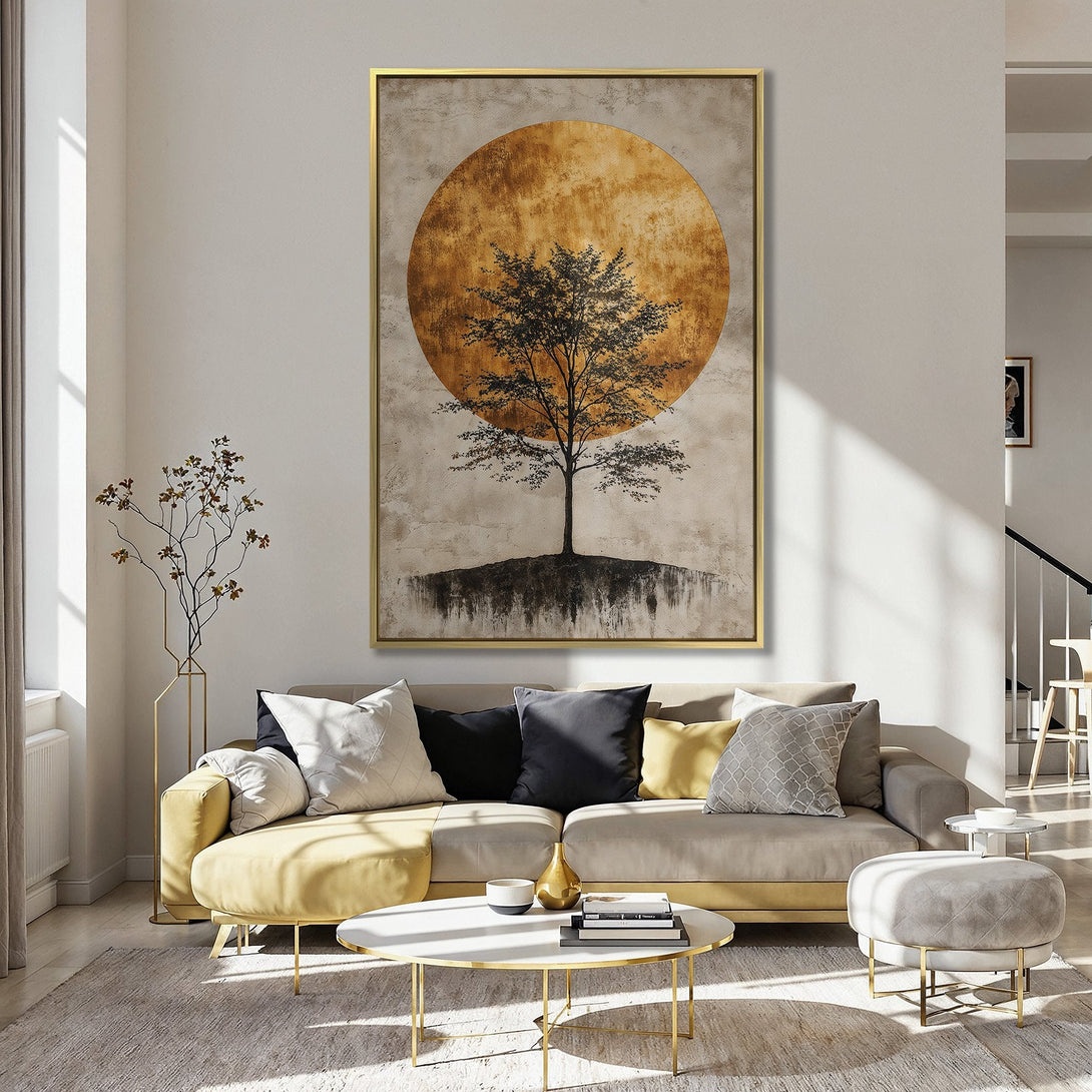 Canvas Print featuring a serene tree silhouette against a warm orange sun. Earthy tones and a touch of zen for your home decor.