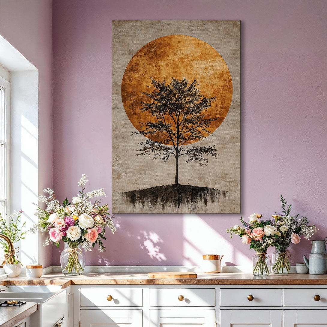 Framed Wall Art: Abstract tree art in warm gold & beige tones. Modern decor for living room. Enhance your space with this stylish canvas print.