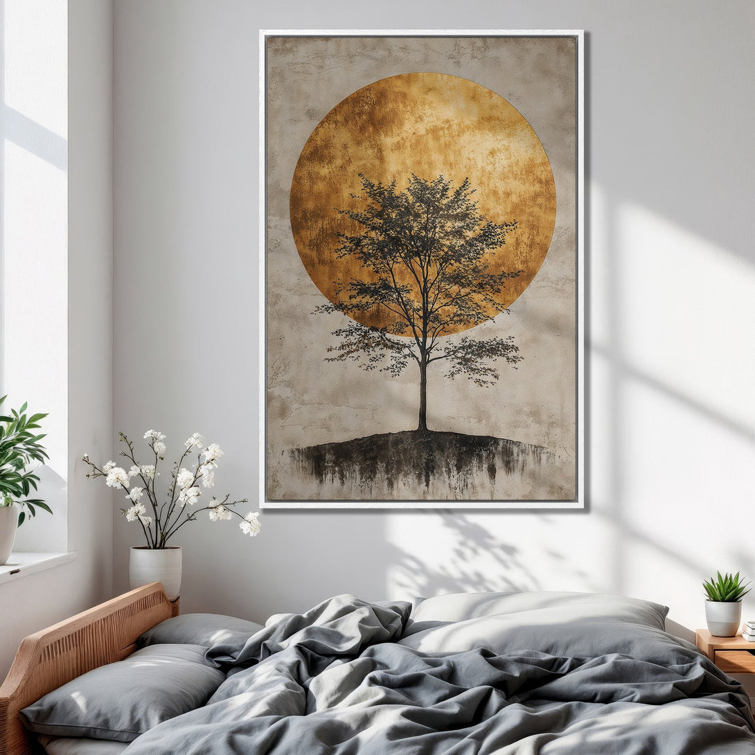 Framed Wall Art featuring a tree silhouette against a golden sun. Modern, minimalist style with a neutral color palette, perfect for bedroom decor.