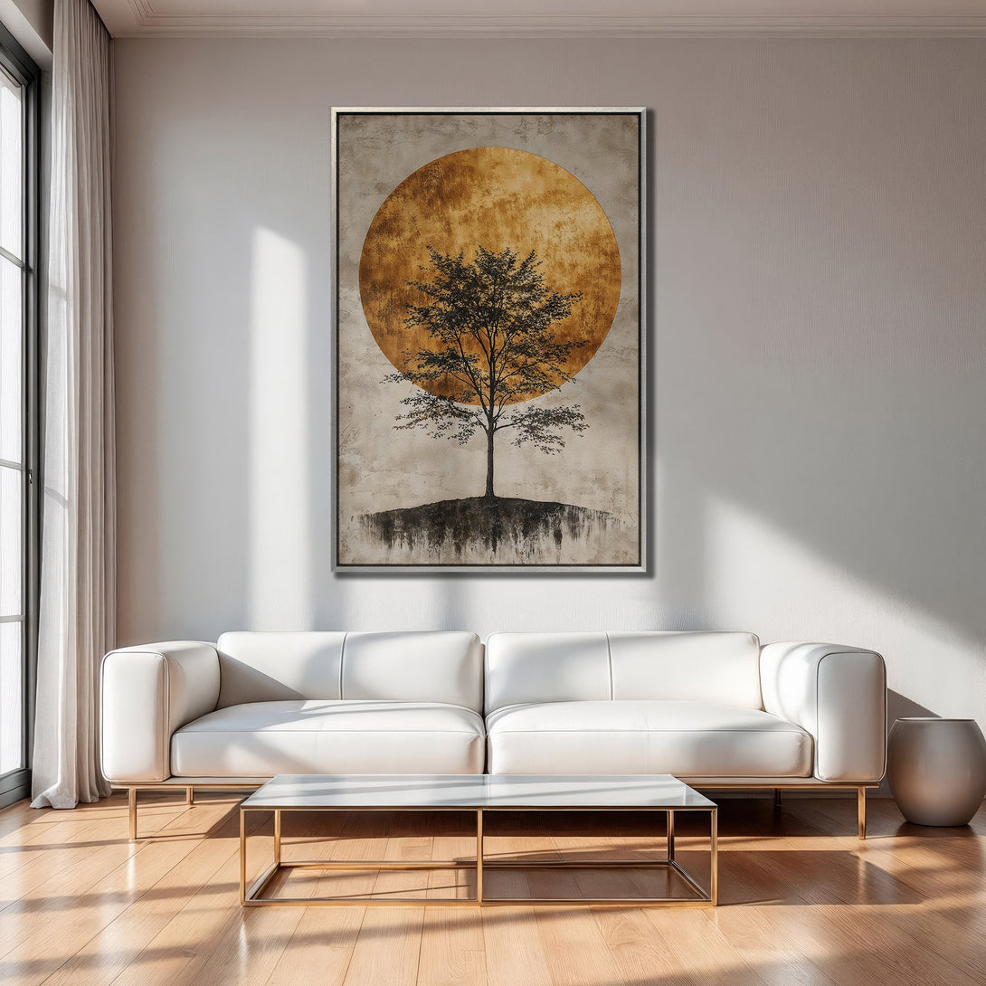 Framed Wall Art featuring a minimalist tree silhouette with a warm gold and neutral color palette, perfect for modern home decor.