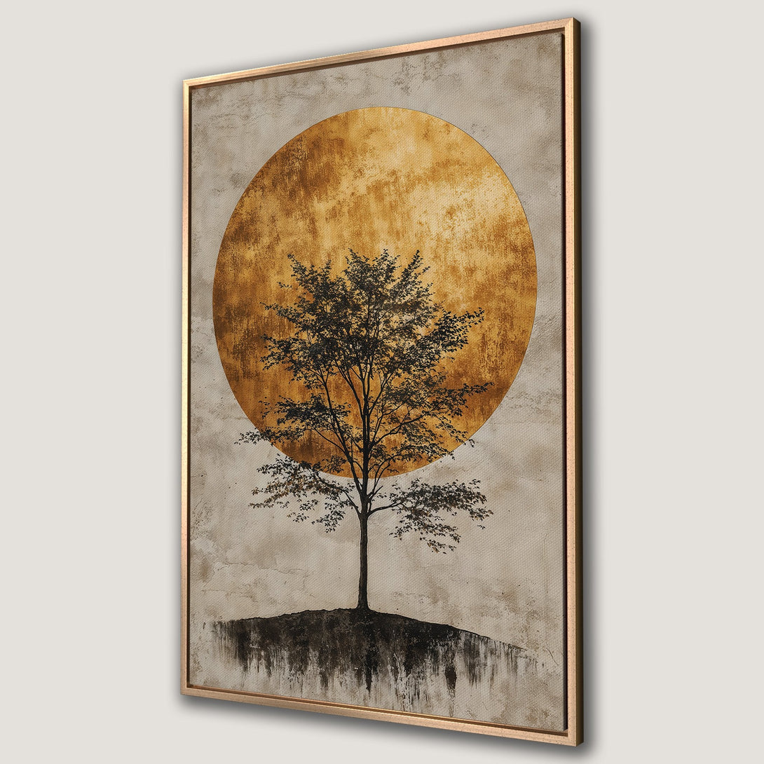 Framed Wall Art featuring a tree silhouette against a golden sun. Earthy tones and textured style create a modern, minimalist aesthetic. Perfect for adding warmth to any space.