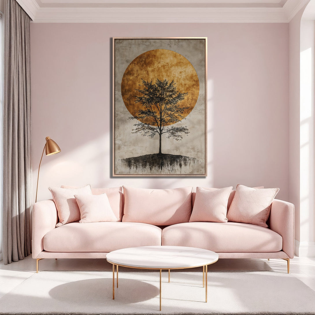 Framed Wall Art featuring a tree silhouette against a golden sun. Modern art with a soft pink and gold color palette, perfect for adding a touch of elegance.