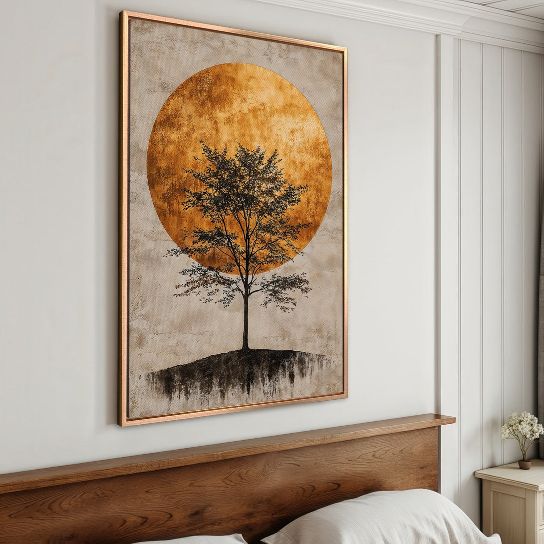 Framed Wall Art featuring a tree silhouette against a golden sun. Earthy tones and minimalist style, perfect for modern decor.