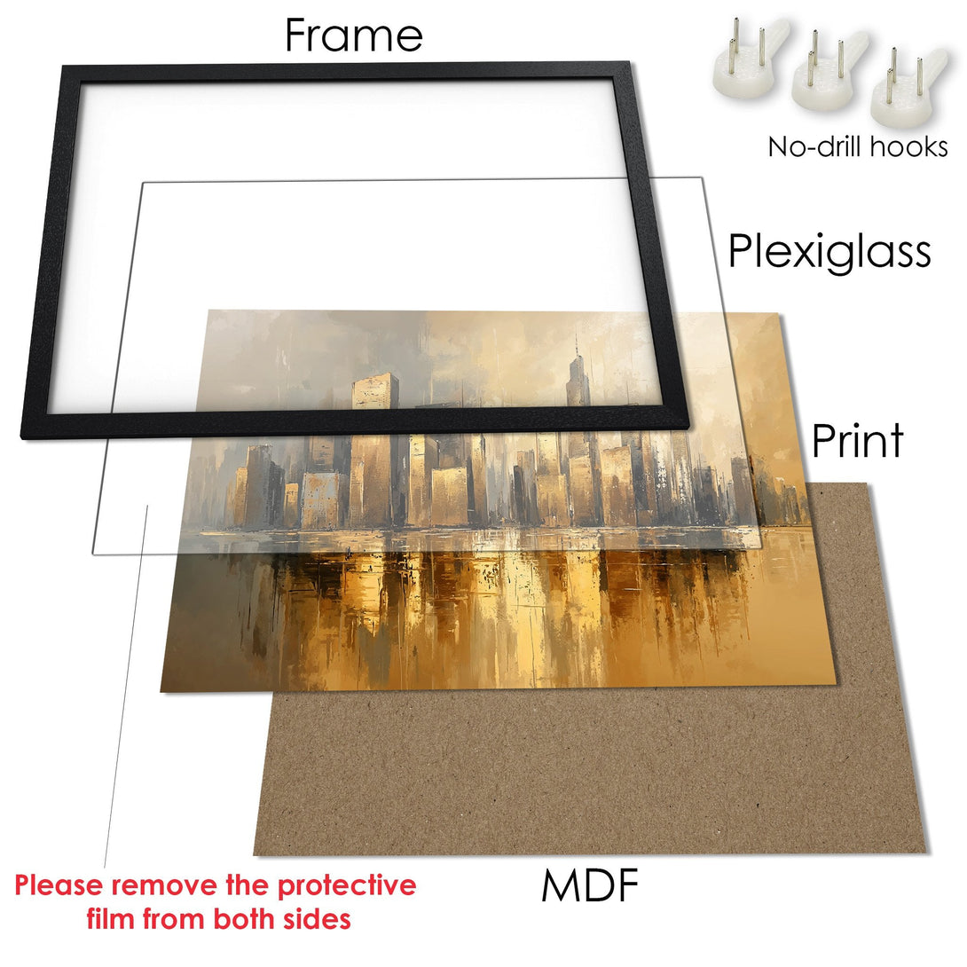 Framed Poster of a golden cityscape. Modern art style with a warm, neutral color palette, perfect for adding elegance to your space.