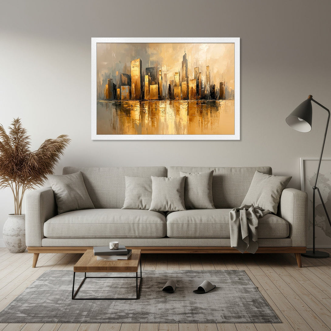 Framed Poster of a cityscape in an abstract style with a warm gold and gray color palette. Perfect for modern home decor.