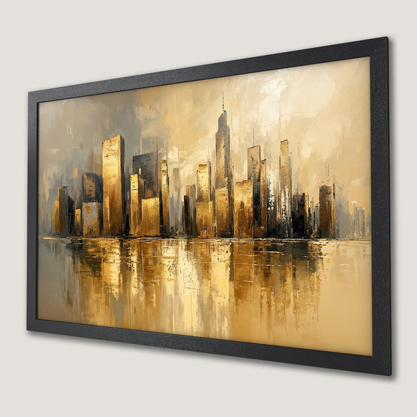 Framed Poster of a golden city skyline. Abstract art style with a warm, neutral color palette. Add a touch of luxury to your space!