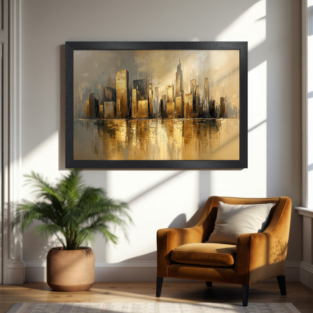 Framed Poster featuring an abstract cityscape in gold and gray tones, perfect wall art for modern decor.