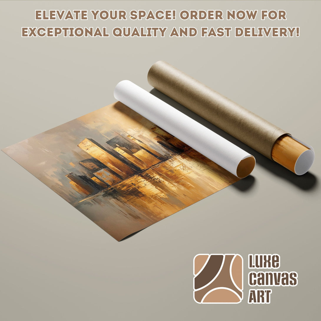 Abstract city skyline poster roll in warm tones. Elevate your space with this stunning art print!