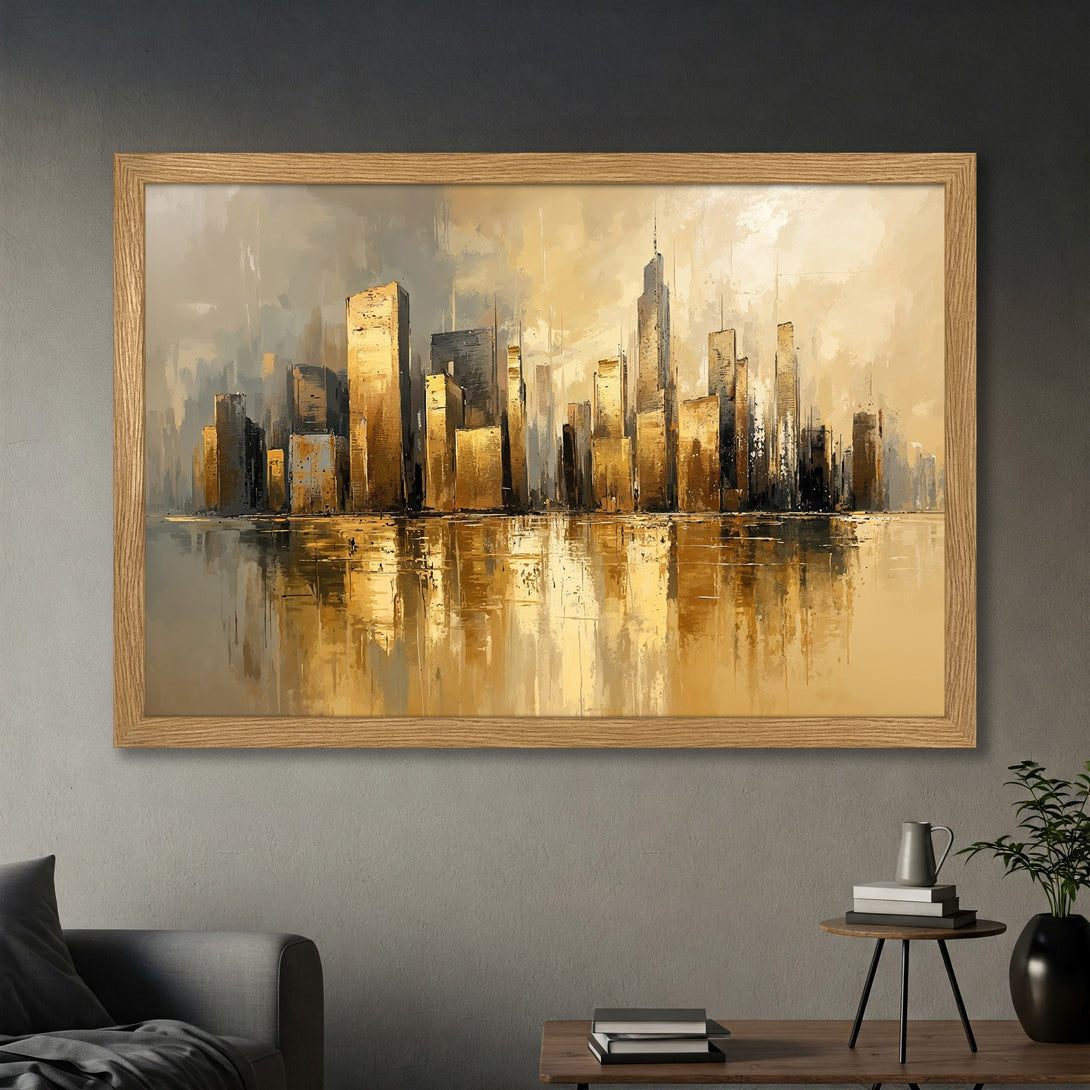 Framed Poster of a golden cityscape painting. Abstract style with a warm, neutral color palette. Perfect wall art for any room.