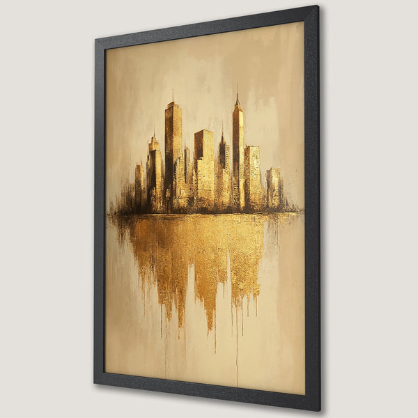 Framed Poster featuring a golden cityscape painting. Abstract style with warm gold and beige color palette. Perfect wall art!