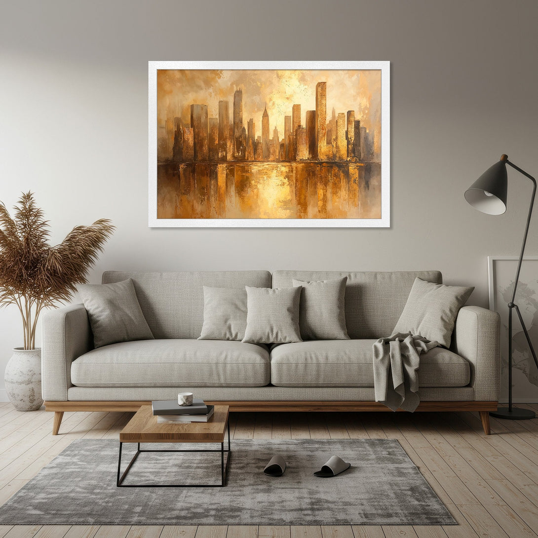 Framed Poster of a golden skyline painting. Modern art style with warm, earthy tones. Perfect wall decor.