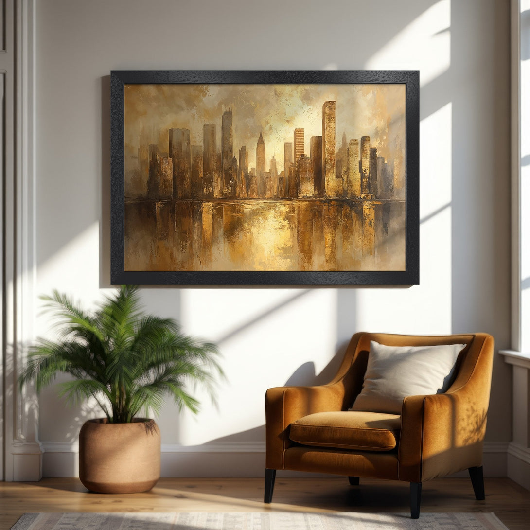 Framed Poster of a golden cityscape painting. Abstract style with warm, earthy color palette. Perfect wall art for your home.