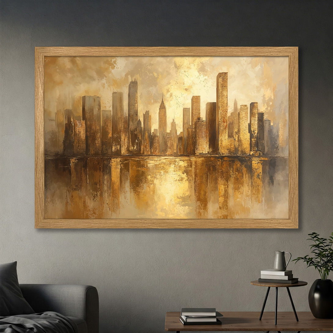 Framed Poster of a golden cityscape painting. Abstract style, warm gold and brown color palette. Perfect wall art for your home!