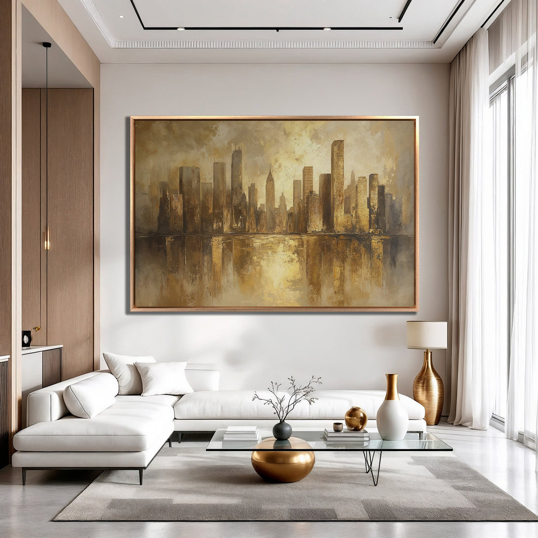 Framed Wall Art: Abstract cityscape Canvas Print in gold and brown tones. Modern decor for living room, adds sophistication and warmth to any space.