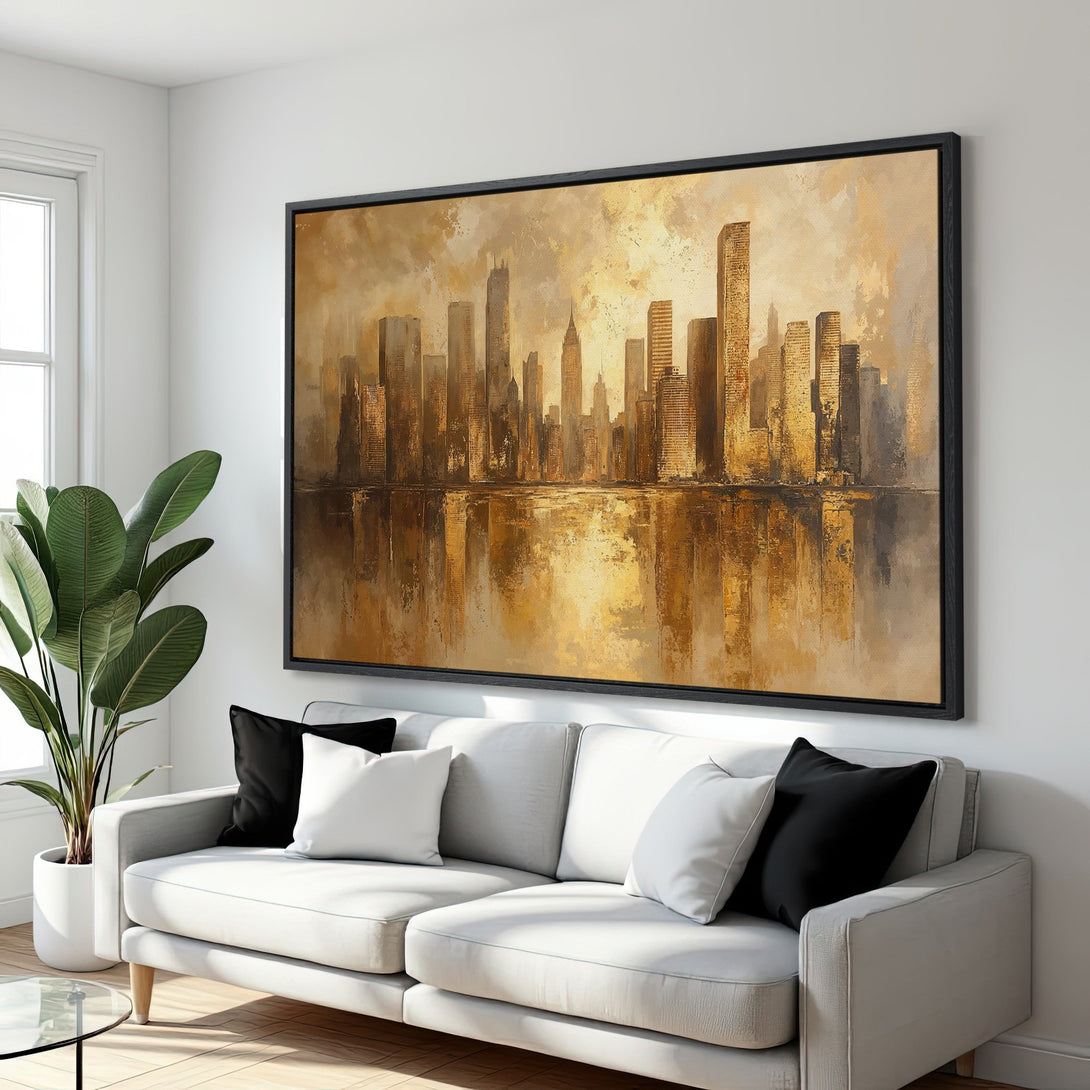Framed Wall Art of a golden cityscape. Modern, abstract style with warm gold and brown tones. Perfect for adding elegance to any room.