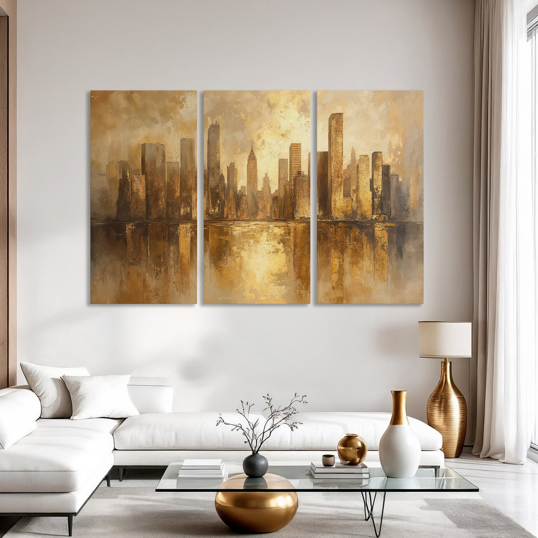 Canvas Print of a cityscape in warm gold tones. Abstract art style, perfect for modern home decor. Add a touch of luxury to your space!