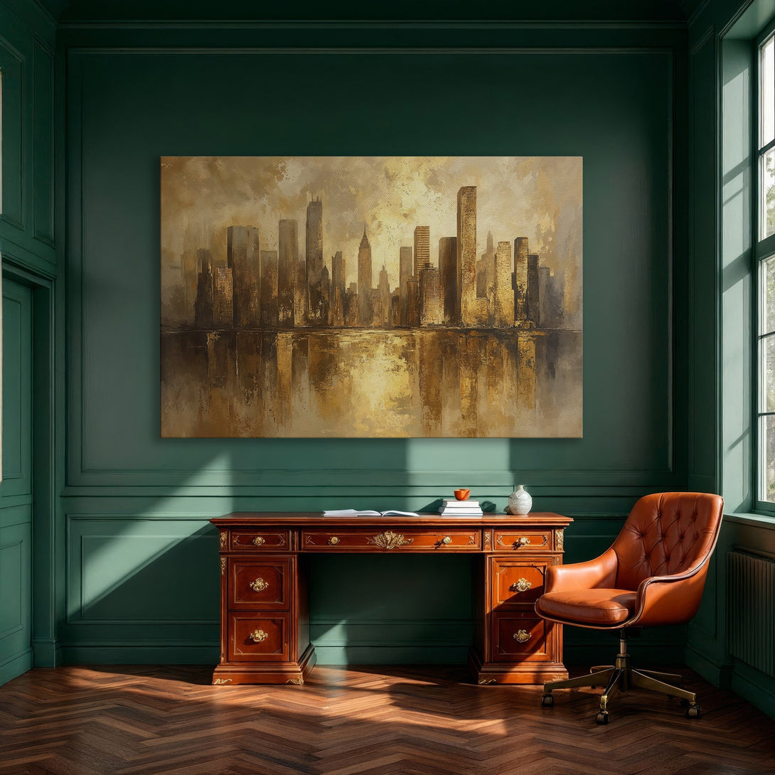 Framed Wall Art: Abstract cityscape Canvas Print in warm gold tones. Modern art for dining room decor. Enhance your space with this stunning piece.