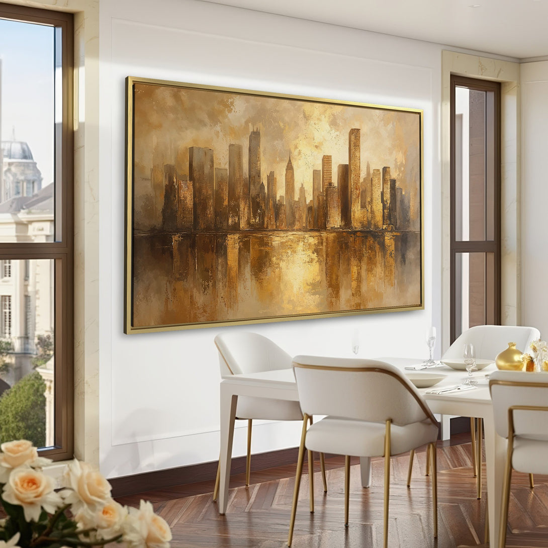 Canvas Print of a cityscape in warm gold tones, displayed in a sophisticated interior. Perfect wall art for a modern home.