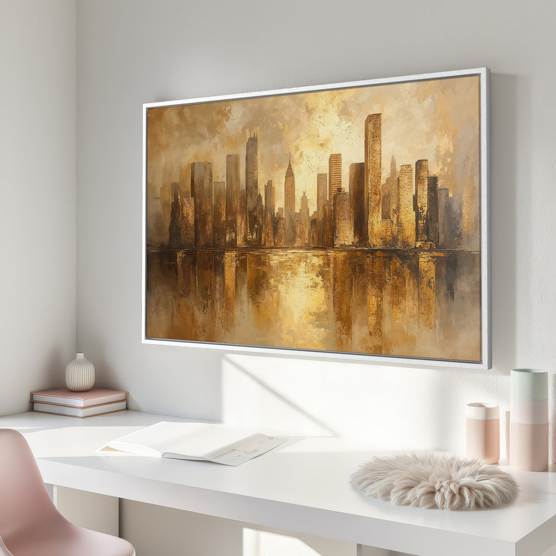 Framed Wall Art: Abstract cityscape Canvas Print with warm gold and brown tones, perfect for modern home decor. Adds a touch of elegance to any room.