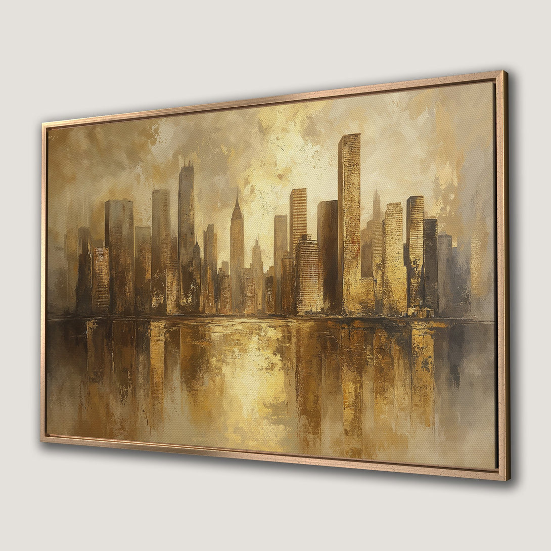 Framed Wall Art: Abstract cityscape Canvas Print in warm gold and brown tones. Modern art for your home decor, featuring a stunning skyline reflection.