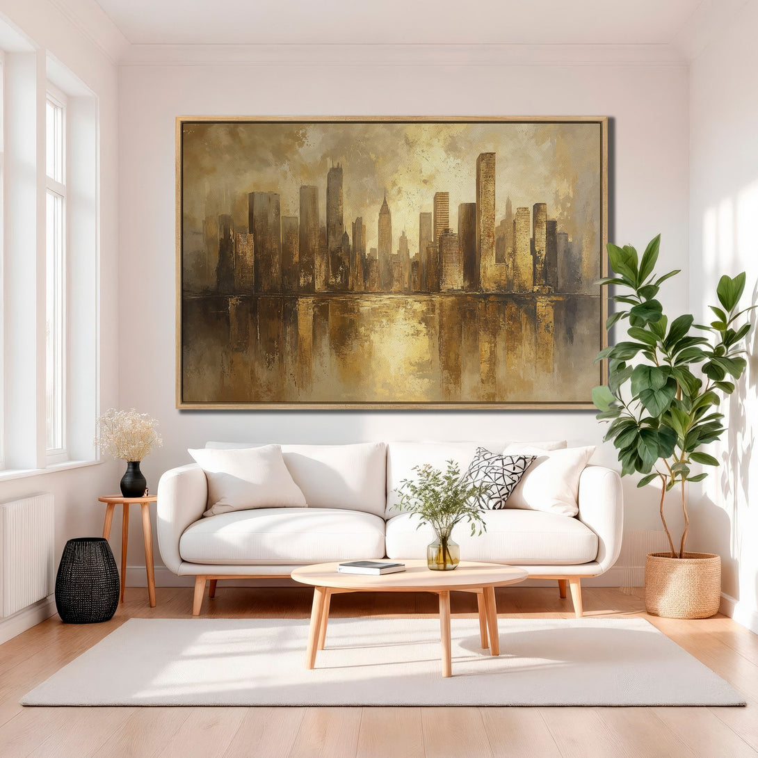 Framed Wall Art: Abstract cityscape Canvas Print in gold and brown tones. Modern art for living room decor. Enhance your space today!