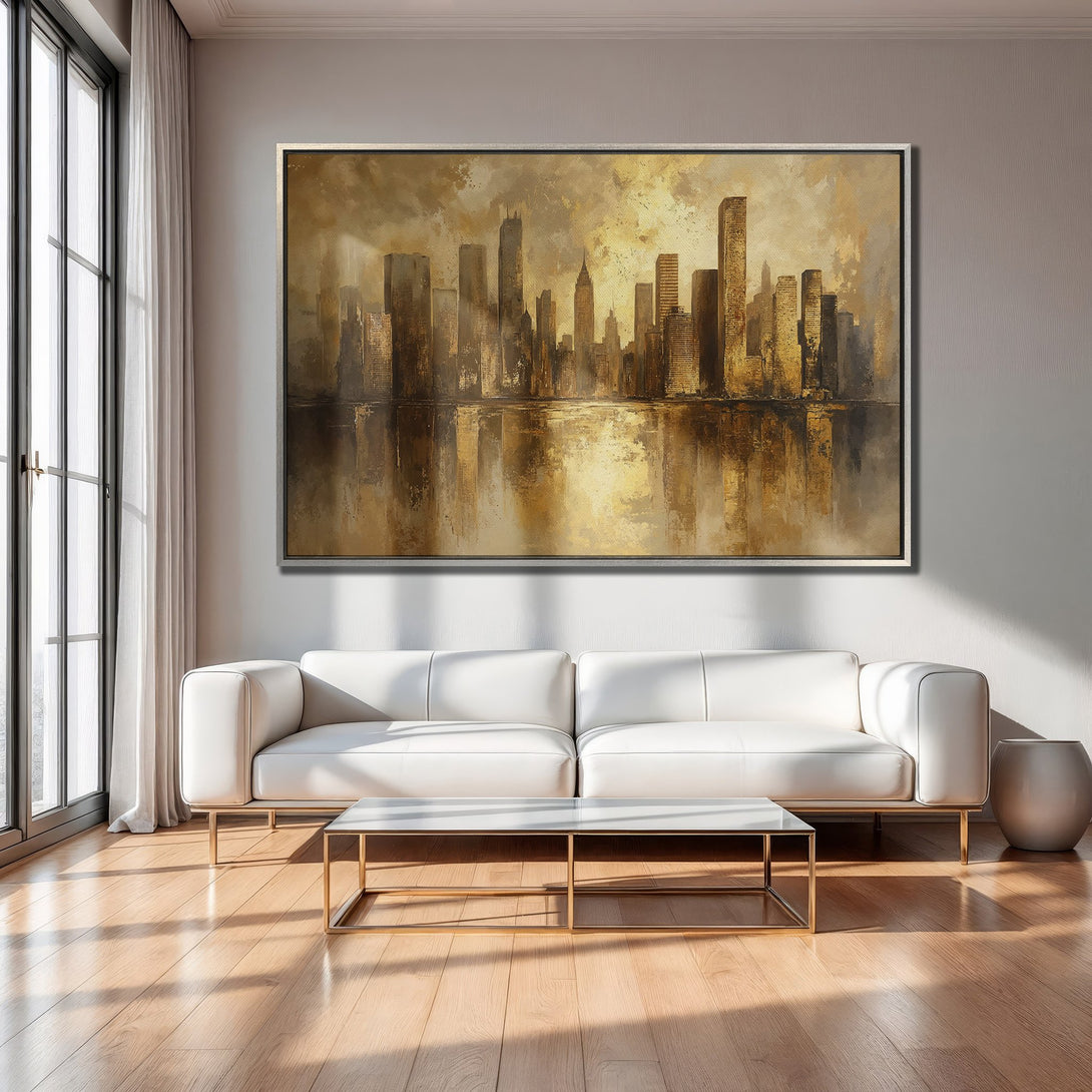 Framed Wall Art: Abstract cityscape Canvas Print in warm gold and brown tones, perfect for adding sophisticated style to any interior.