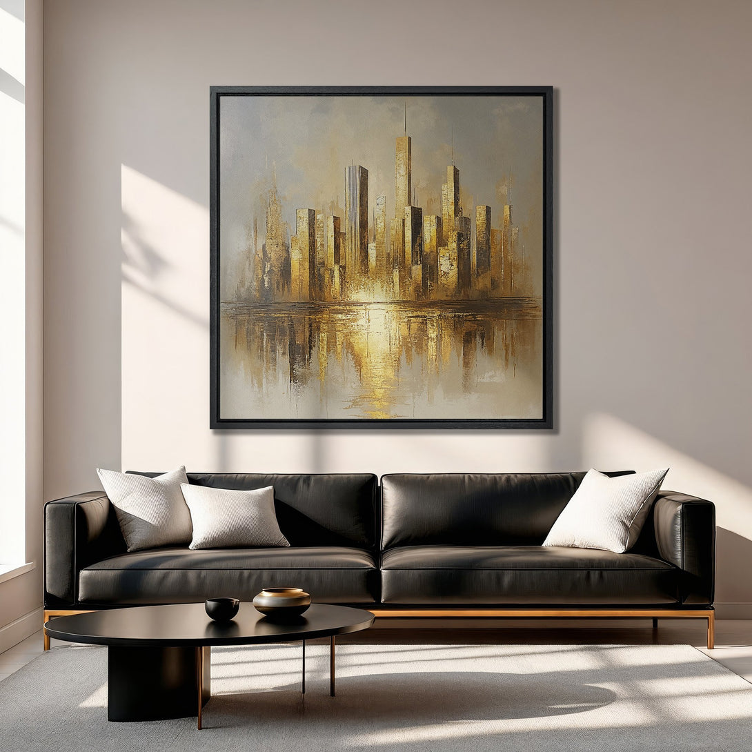 Framed Wall Art: Abstract cityscape Canvas Print in gold and neutral tones. Modern art for living room decor. Enhance your space with this stunning piece.