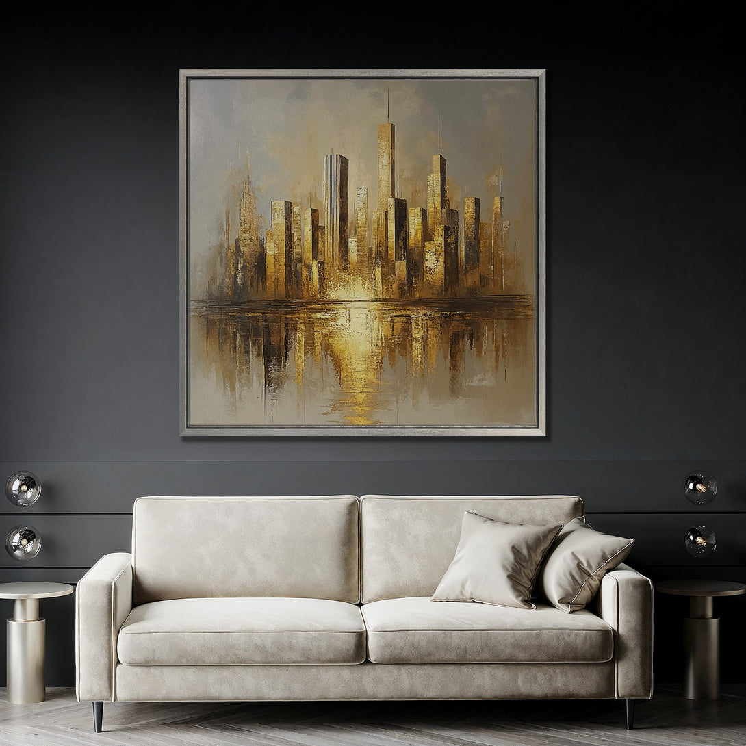 Framed Wall Art: Abstract cityscape canvas print in gold and neutral tones. Modern art for home decor. Adds a touch of elegance to any room.