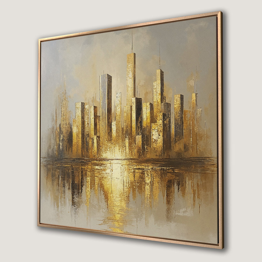Framed Wall Art: Abstract cityscape Canvas Print in gold and neutral tones. Modern art for home decor.