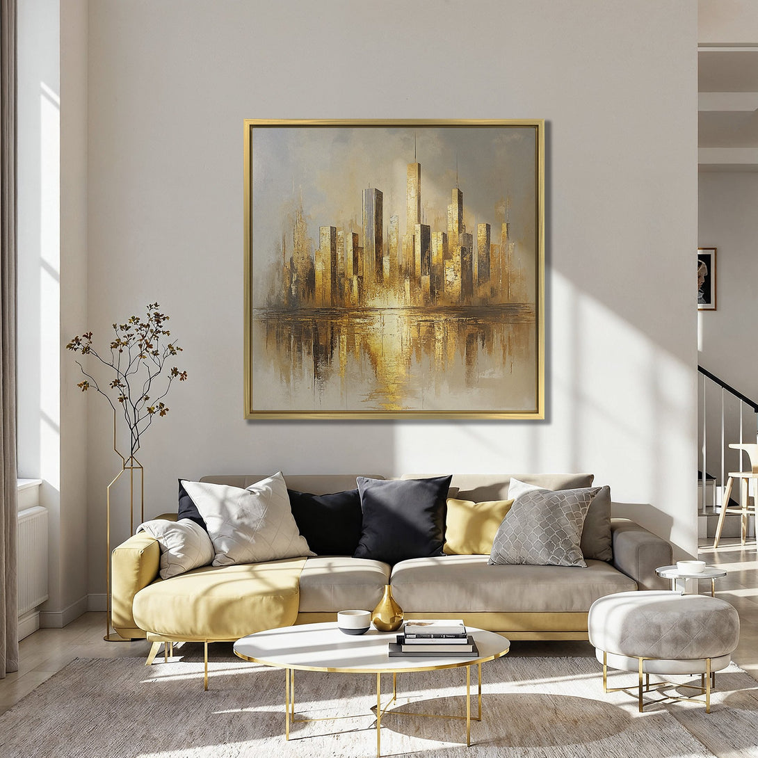 Canvas Print of a golden cityscape painting. Modern abstract style with warm gold and neutral tones. Perfect wall art for any space.