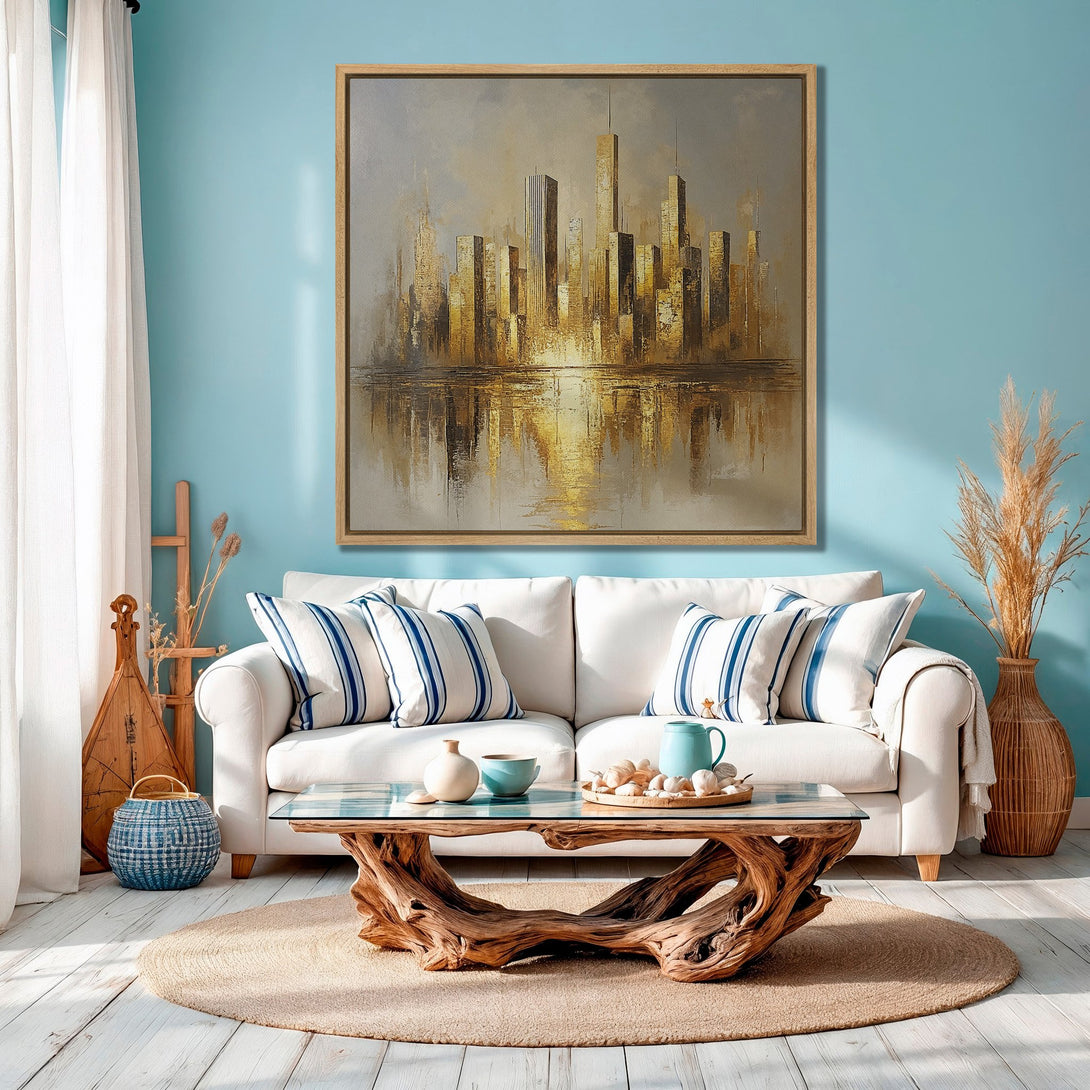 Framed Wall Art: Abstract cityscape canvas print in gold and grey tones. Modern art decor for living room. Coastal style with blue and neutral color palette.