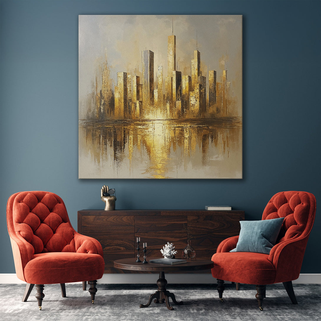 Framed Wall Art: Abstract gold cityscape painting with a neutral color palette. Modern decor inspiration for living room or home.