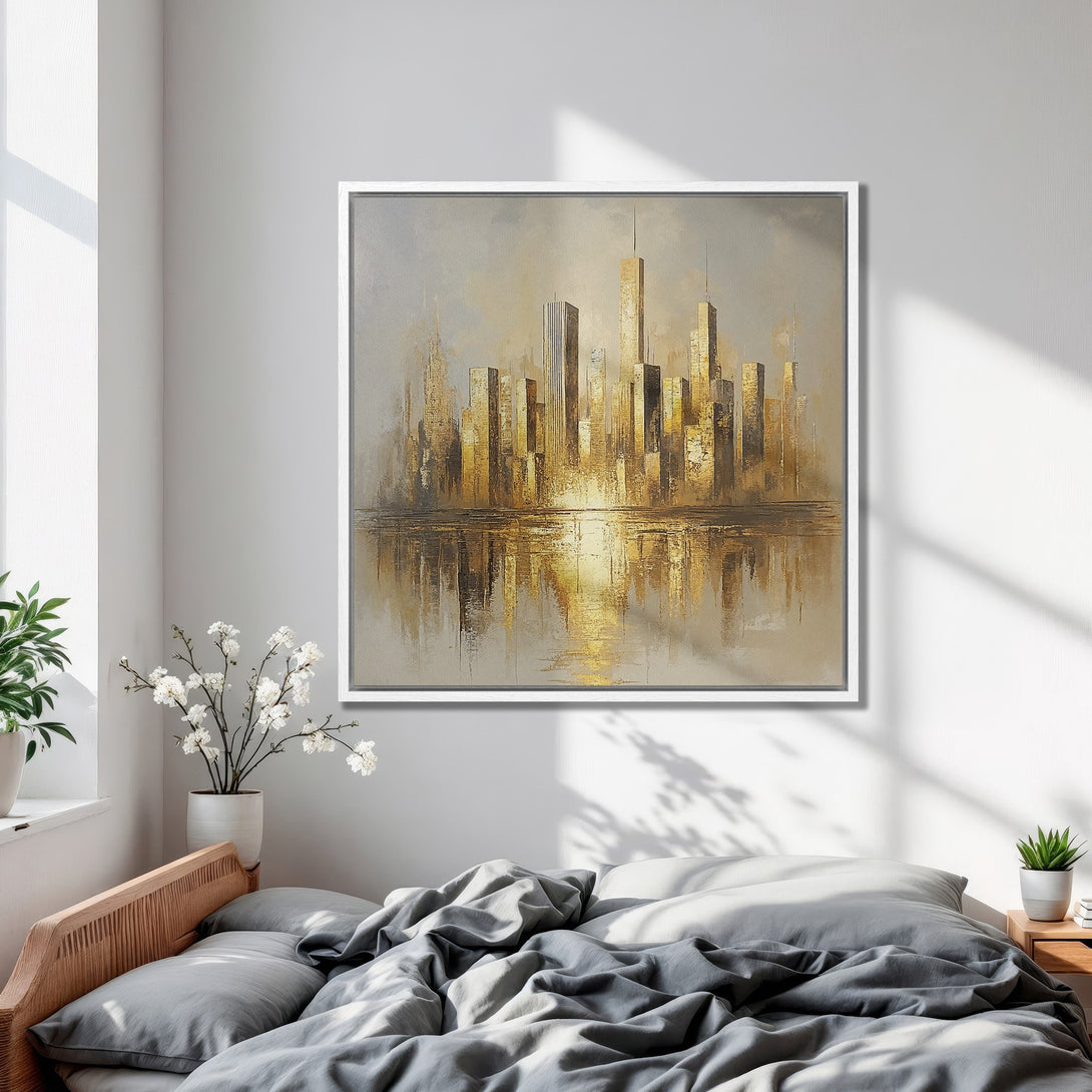 Framed Wall Art: Abstract cityscape Canvas Print in gold and gray tones, perfect for modern bedroom decor.