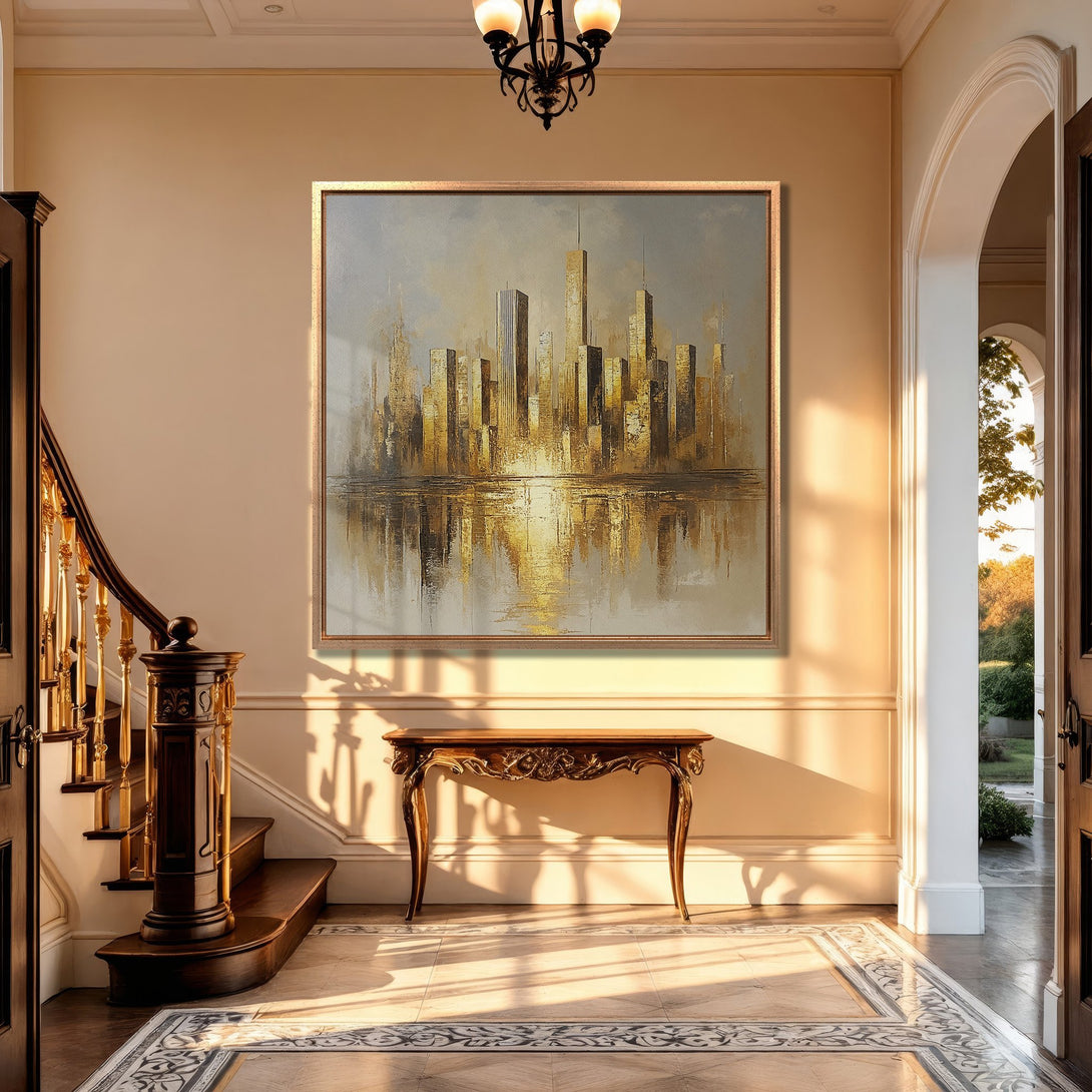 Framed Wall Art: Abstract cityscape canvas print in gold and neutral tones. Modern art for elegant home decor.