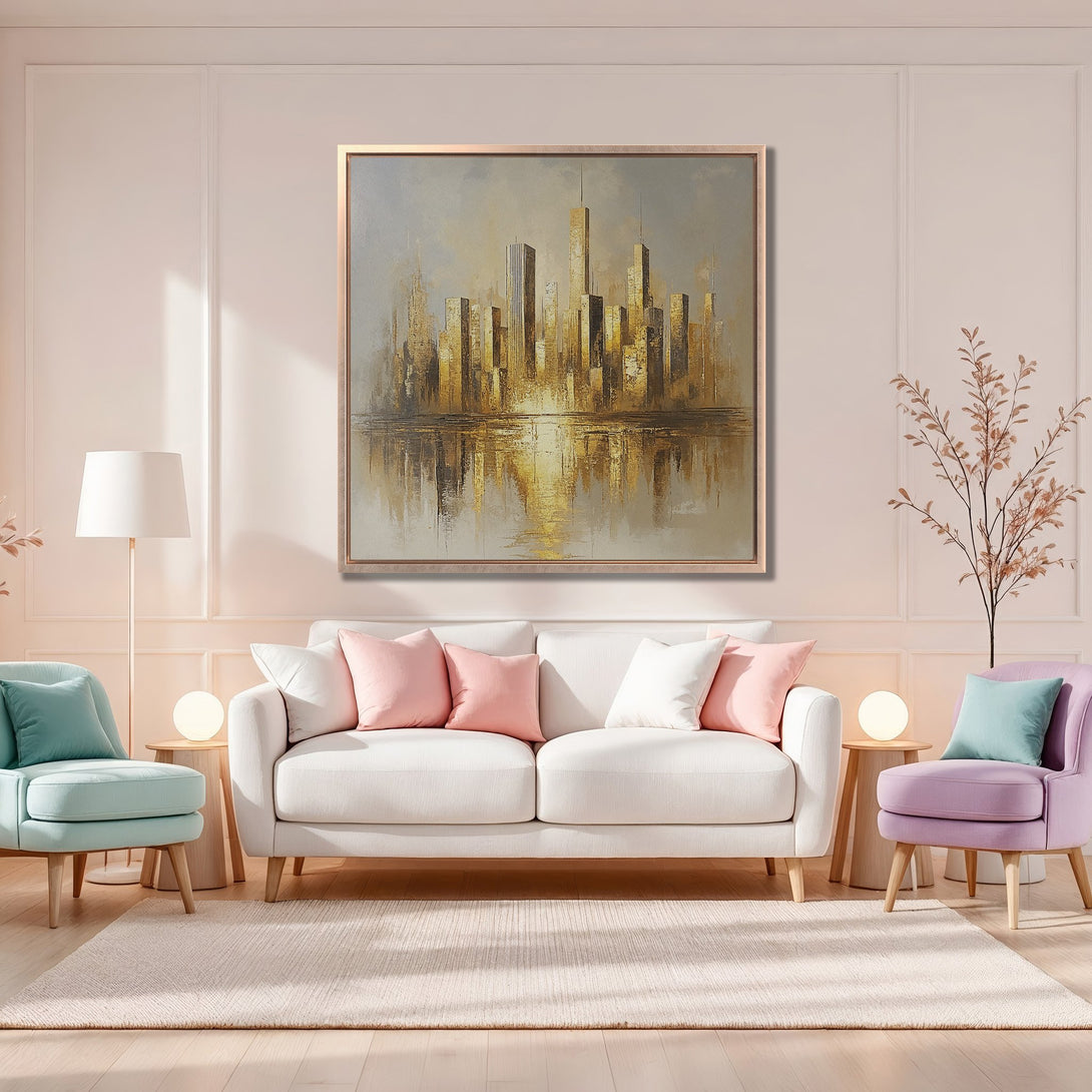 Framed Wall Art: Abstract cityscape Canvas Print in gold and neutral tones. Modern art for living room decor, adding elegance and warmth.