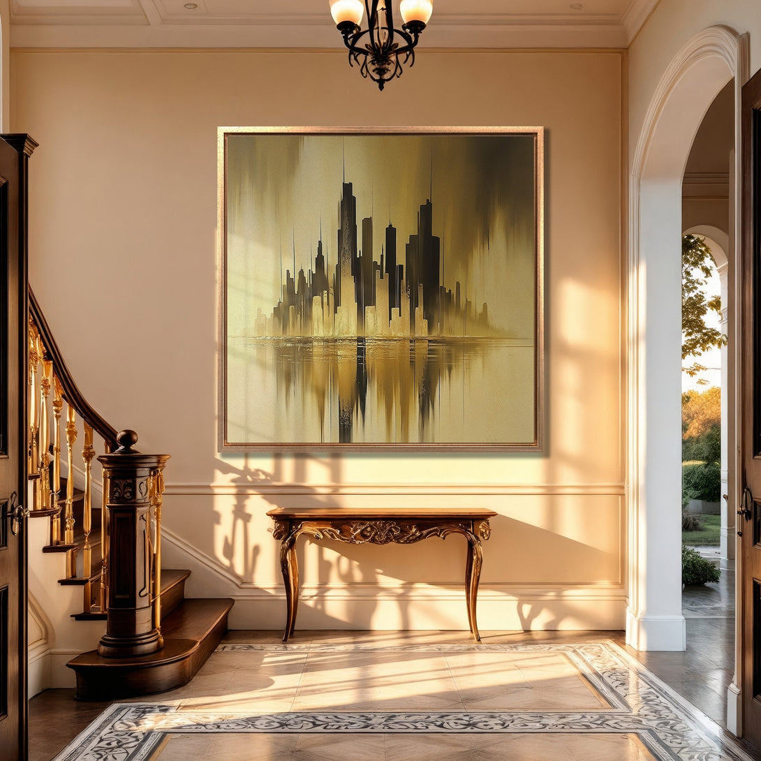 Framed Wall Art featuring a cityscape in gold and black hues. Modern abstract art canvas print displayed in a luxurious interior.