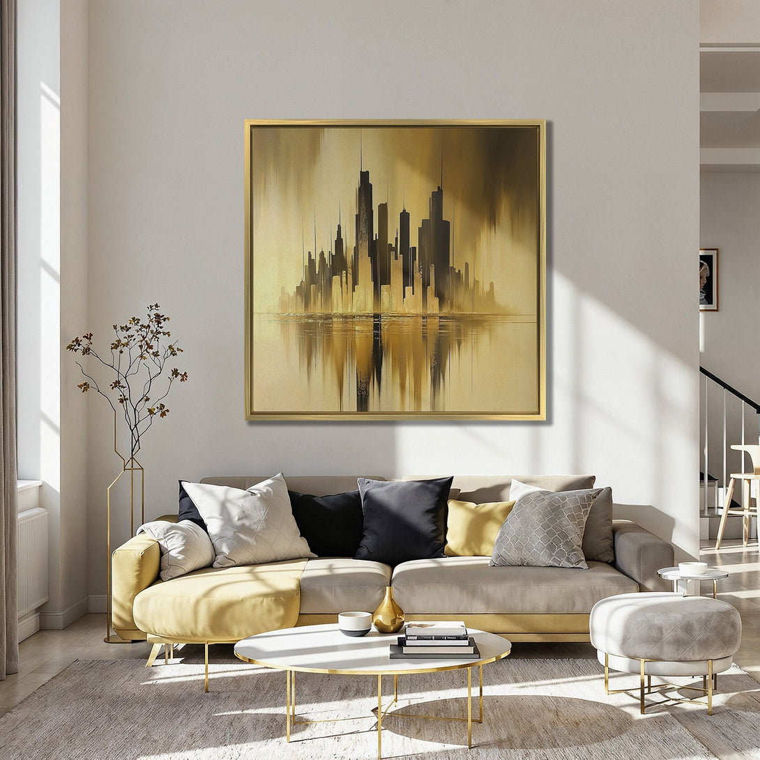 Abstract cityscape Canvas Print in gold and black, displayed above red chairs. Modern wall art for a stylish living room.