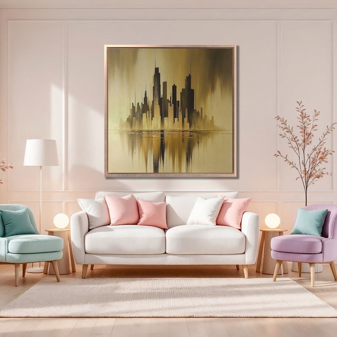 Framed Wall Art: Abstract cityscape Canvas Print in gold & black, adds elegance to any interior. Modern art with a neutral color palette.