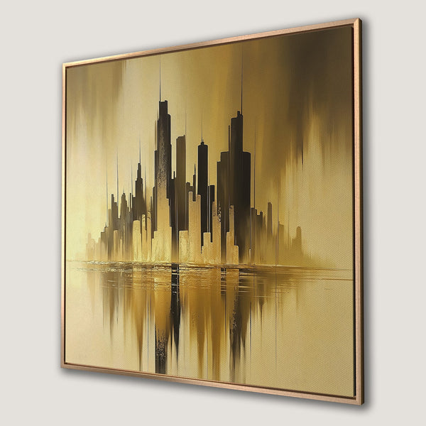 Framed Wall Art: Abstract cityscape Canvas Print in gold and black. Modern art for your home decor.