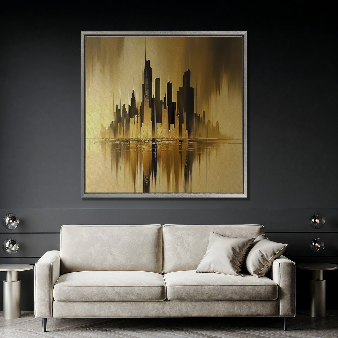 Framed Wall Art: Abstract cityscape Canvas Print in gold and black, modern style. Adds a touch of luxury to any interior.