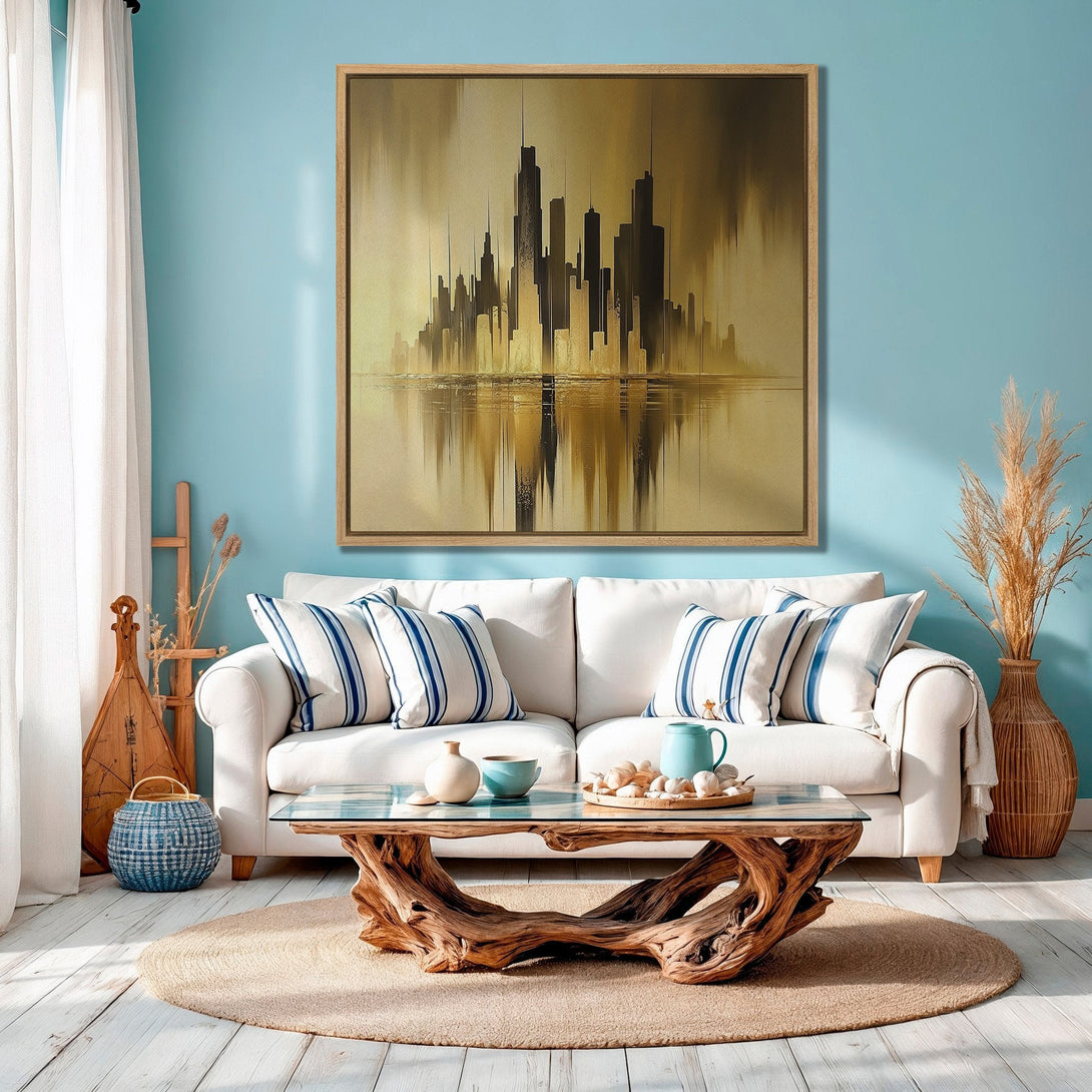 Framed Wall Art: Abstract cityscape Canvas Print in gold and black tones. Modern art for living room decor with a calming blue backdrop.