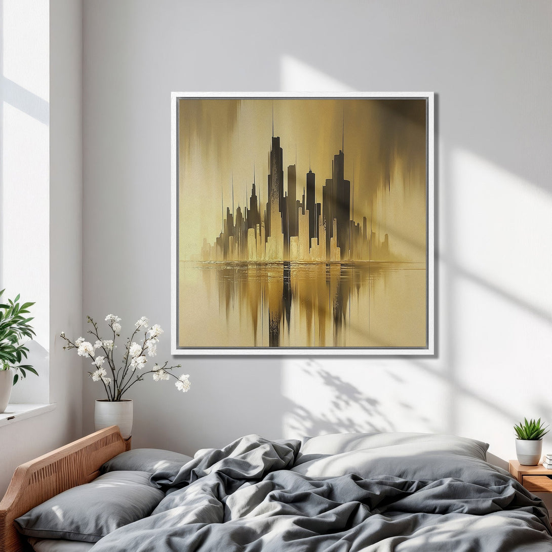 Framed Wall Art: Abstract city skyline canvas print in gold and black. Modern art for bedroom decor. Neutral color palette.