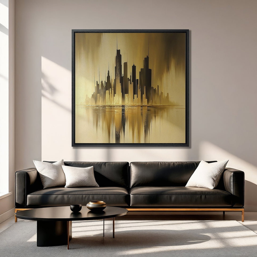 Framed Wall Art: Abstract cityscape Canvas Print in gold & black. Modern art piece adds sophistication to any living room. Shop now!