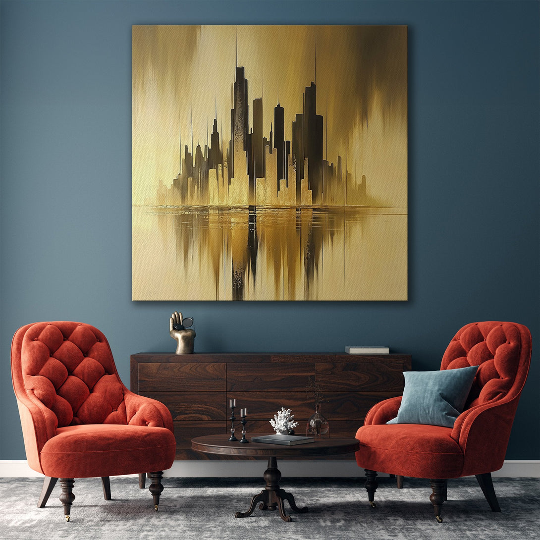 Framed Wall Art featuring a cityscape abstract painting in gold and black tones. Modern art decor for living room.