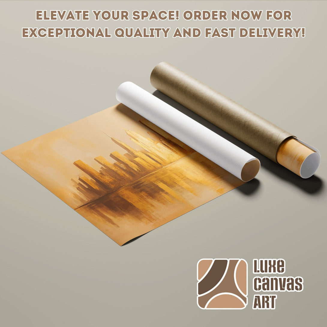 Poster Roll featuring a golden cityscape painting. Modern art style, warm neutral color palette. Order now!