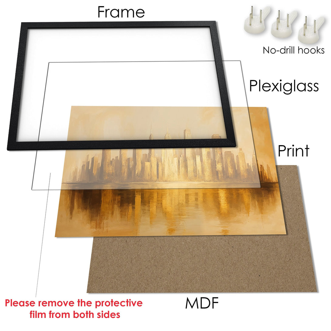 Framed Poster featuring a golden cityscape art print. Modern style, warm color palette. Ready to hang!