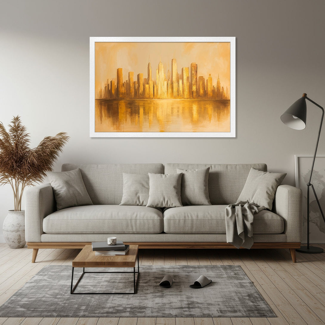 Framed Poster of a golden cityscape painting. Modern style, warm yellow and gold color palette. Perfect wall art for your home!