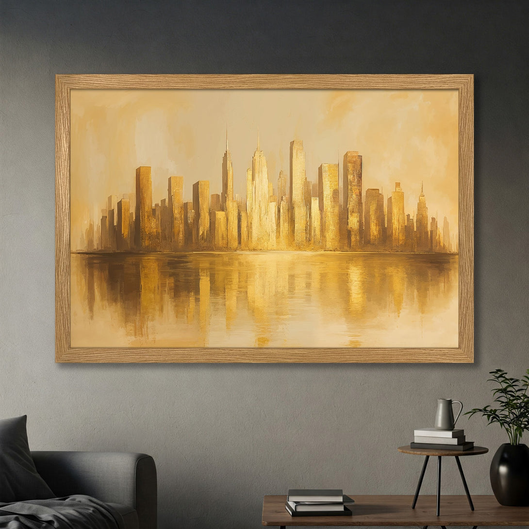 Framed Poster of a golden cityscape reflecting in water. Artistic style with a warm, monochromatic color palette. Perfect wall art!
